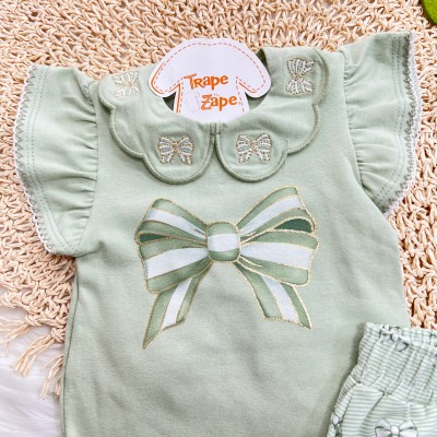 Conj. Body Gola Bordada Lacinhos e Short - Verde e Off White